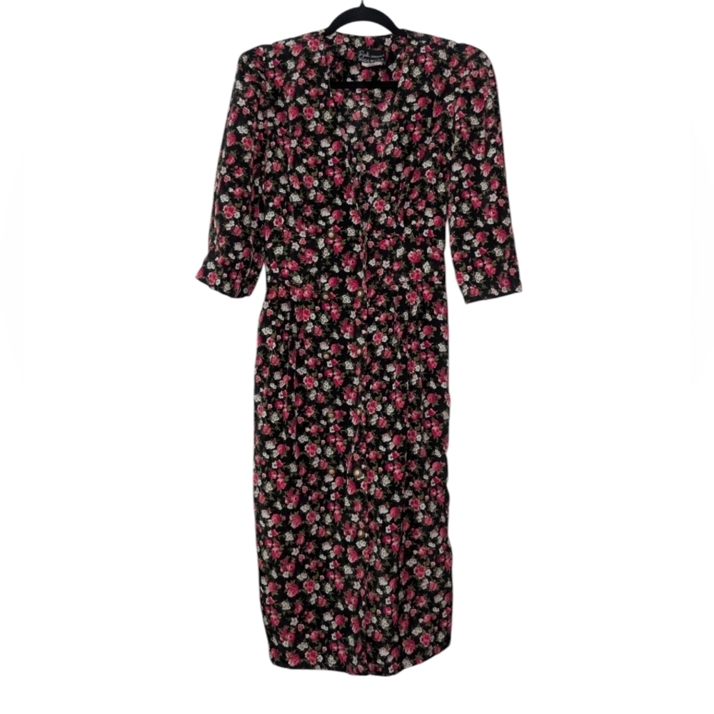 Vintage Black and Pink Ruched Wrap Midi Dress with Puff Sleeves